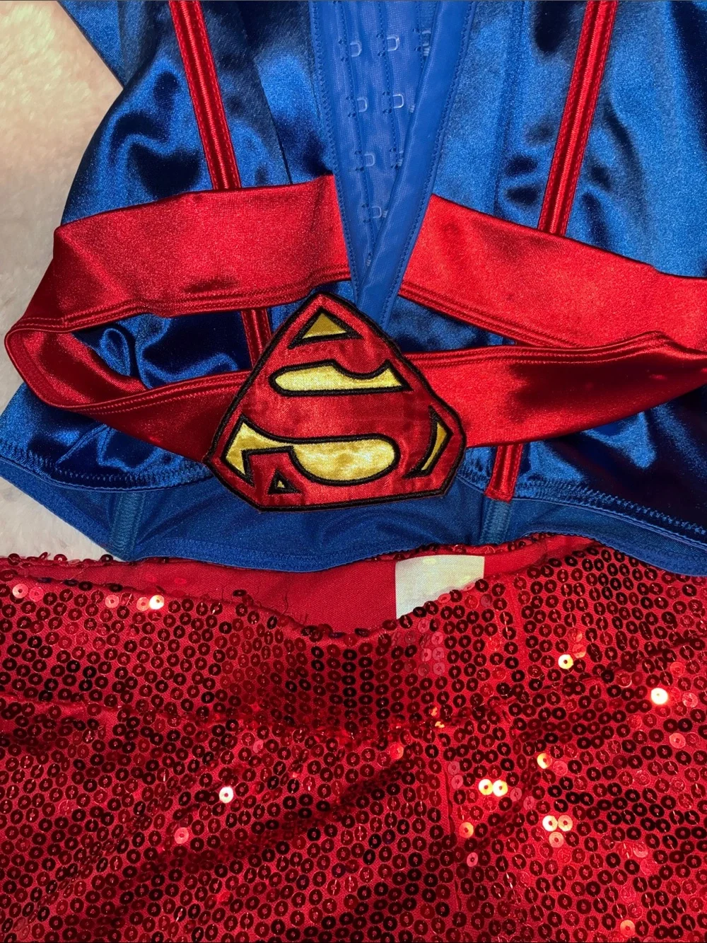 Spirit “Superwoman” Blue Satin Bustier with Red Sequin Shorts